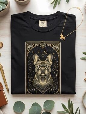 Halloween Black Comfort Colors Shirt w Gold French Bulldog Gold Tarot Tee New
